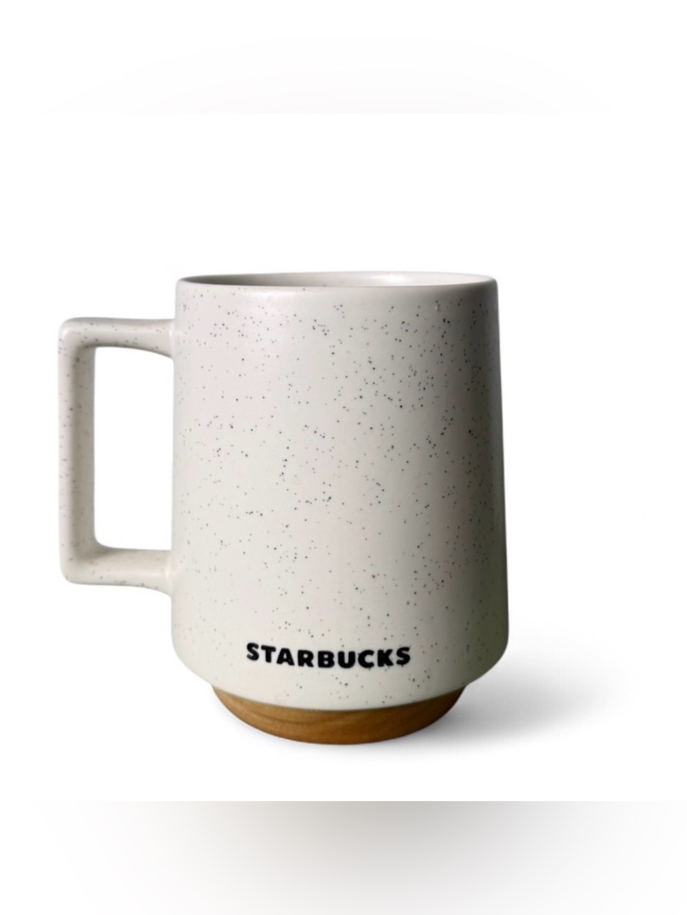 Starbucks 2017 Abbey Speckled White Ceramic Coffee Mug w/ wooden base 16oz